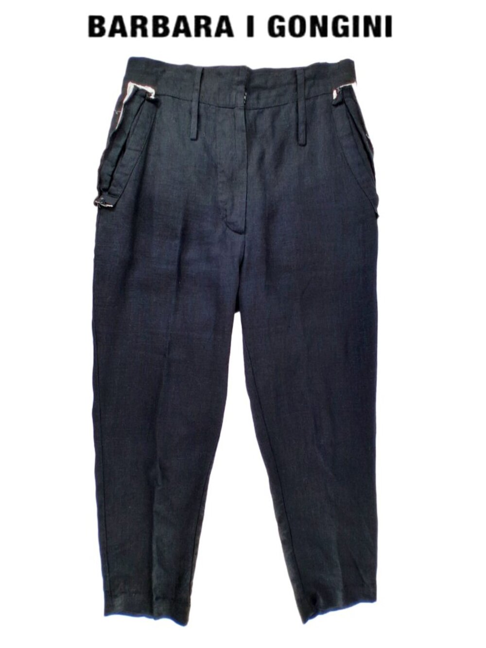 Barbara I Gongini Black Linen Paperbag Cropped Pants Raw Edge Trim D42/US 10/Lg